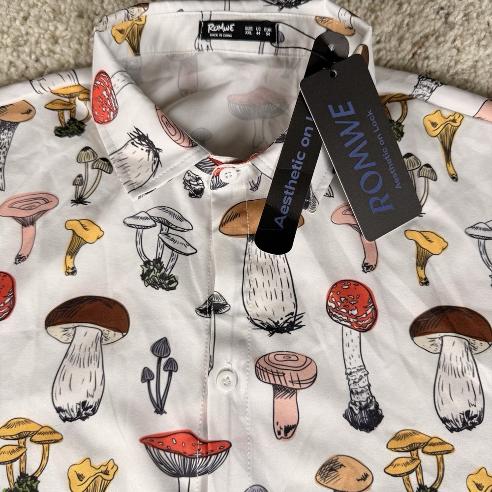 BRAND NEW! Romwe Mushrooms Men's Button Up‎ Casual Shirt Size XXL Crowd Stopper
